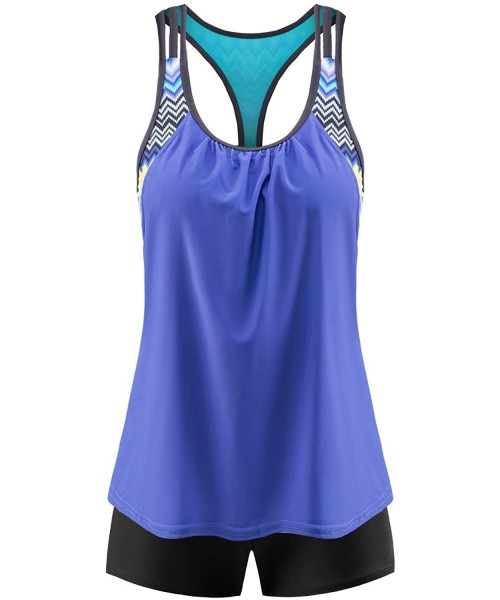 Tankinis Women 2 Pieces Layered Style Printed Tankini with Boy Short Racerback Swimsuits - 1 T Back-blue - CR18O8LGYQS