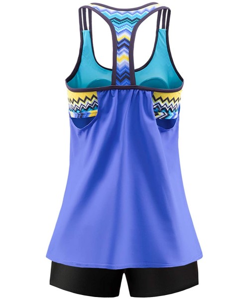 Tankinis Women 2 Pieces Layered Style Printed Tankini with Boy Short Racerback Swimsuits - 1 T Back-blue - CR18O8LGYQS