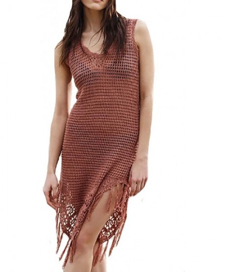 Cover-Ups Women's Sleeveless Fringe Crochet Tunic Tops Sexy Bathing Suit Bikini Cover up Swimwear Beach Mini Dress - Chocolat...