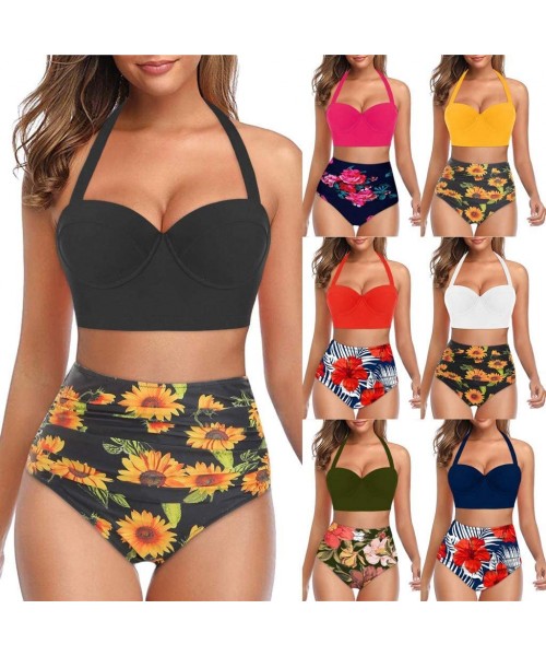 Cover-Ups Swimsuits for Women Tummy Control-Vintage Floral Print Swimsuit 2 Piece Retro Ruched High Waist Bikini Bathing Suit...