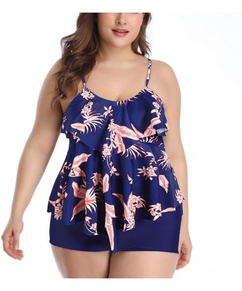 Tops Women Tankini Set Plus Size Bathing Suit Flounce Printed Two Piece Swimsuits Tummy Control - Mutil-b - C61980HW7QG