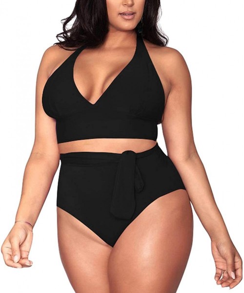 Sets Women's Halter Plus Size Two Piece Swimsuits High Waisted Bikini Set Swimwear - 02-black - CO1953HGAKO