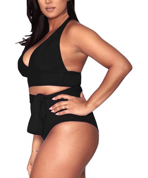 Sets Women's Halter Plus Size Two Piece Swimsuits High Waisted Bikini Set Swimwear - 02-black - CO1953HGAKO