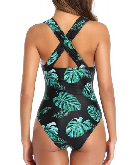 One-Pieces Women One Piece Plunge Monokini Sexy Hollow Out Swimsuits Bathing Suit - Black Leaf - CL18AHKKK35