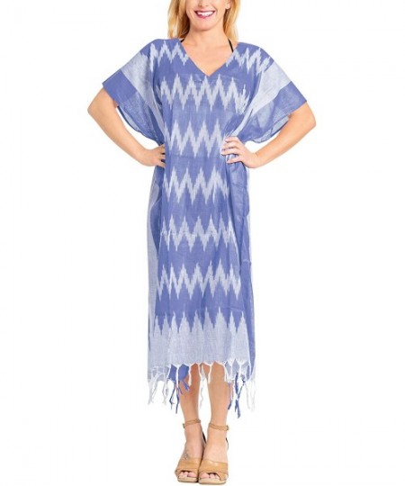 Cover-Ups Women's Maxi Caftan Boho Dress Sleep Wear Swim Cover Ups Embroidered - Blue_a259 - CT18E3GOSZY