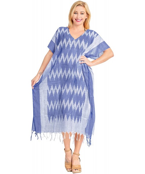 Cover-Ups Women's Maxi Caftan Boho Dress Sleep Wear Swim Cover Ups Embroidered - Blue_a259 - CT18E3GOSZY