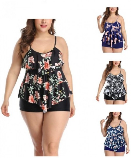 Tops Women Tankini Set Plus Size Bathing Suit Flounce Printed Two Piece Swimsuits Tummy Control - Mutil-b - C61980HW7QG