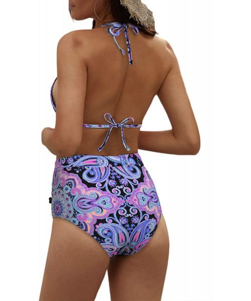 Cover-Ups Womens High Waist Two Pieces Bikini Set Padded Stripe Tassel Swimsuit - Floral Blue - CT18SHRYKD4