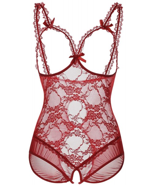 One-Pieces Plus Size Lingerie for Women Sexy One-Piece Teddy Lingerie Bodysuit Lace Sleepwear XL-5XL - Wine Red - CZ1935KSCM6