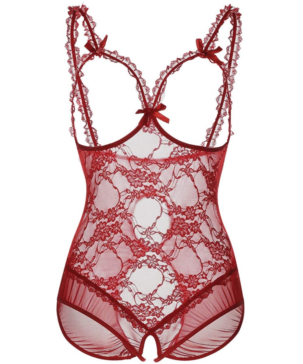 One-Pieces Plus Size Lingerie for Women Sexy One-Piece Teddy Lingerie Bodysuit Lace Sleepwear XL-5XL - Wine Red - CZ1935KSCM6