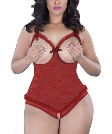 One-Pieces Plus Size Lingerie for Women Sexy One-Piece Teddy Lingerie Bodysuit Lace Sleepwear XL-5XL - Wine Red - CZ1935KSCM6