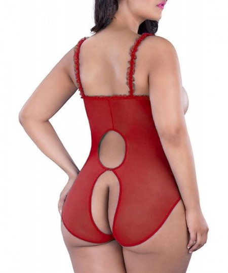 One-Pieces Plus Size Lingerie for Women Sexy One-Piece Teddy Lingerie Bodysuit Lace Sleepwear XL-5XL - Wine Red - CZ1935KSCM6