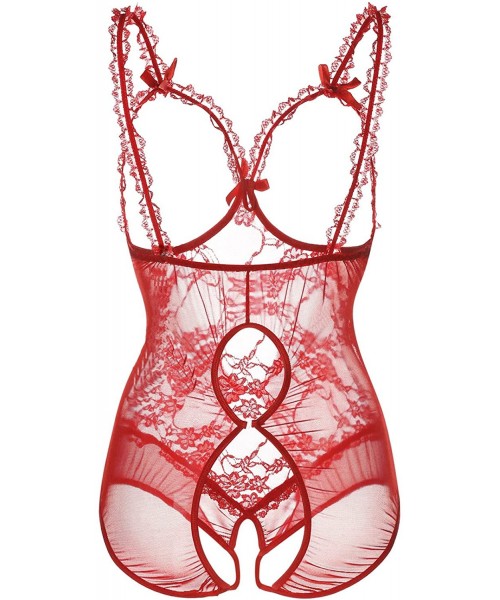 One-Pieces Plus Size Lingerie for Women Sexy One-Piece Teddy Lingerie Bodysuit Lace Sleepwear XL-5XL - Wine Red - CZ1935KSCM6