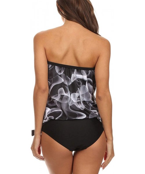 Tops Women's Bandeau Blouson Tie Tankini - Blackwhiteoffblack - C212CGAM84X