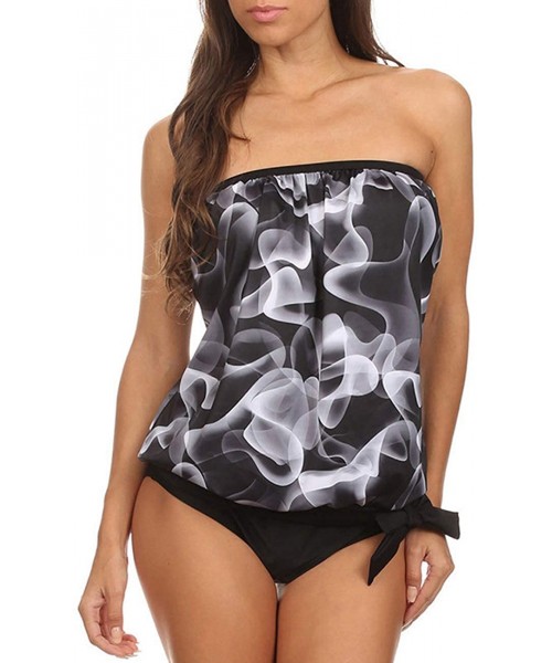 Tops Women's Bandeau Blouson Tie Tankini - Blackwhiteoffblack - C212CGAM84X