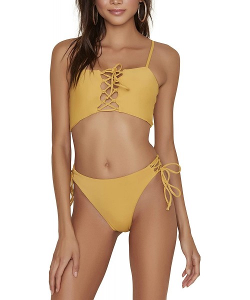 Tops Women's Flirty Lace Up Bandeau Swim Top - Honey - C618TCL4D6Q