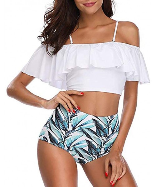 Tankinis Swimsuits for Women Two Piece High Waisted Bathing Suits Ruffled Flounce High Waisted Bikini Bottom - White - CP195M...