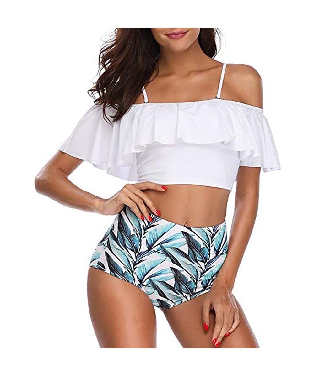 Tankinis Swimsuits for Women Two Piece High Waisted Bathing Suits Ruffled Flounce High Waisted Bikini Bottom - White - CP195M...