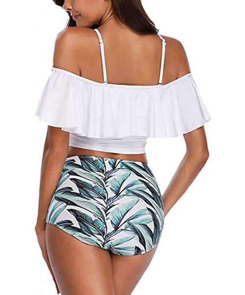 Tankinis Swimsuits for Women Two Piece High Waisted Bathing Suits Ruffled Flounce High Waisted Bikini Bottom - White - CP195M...