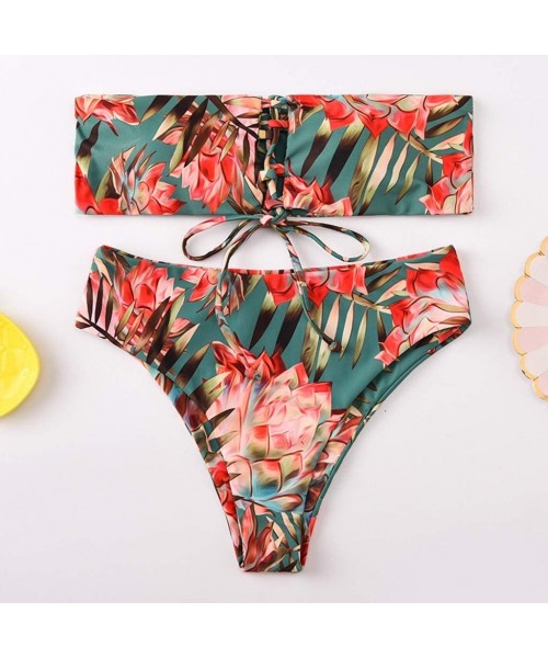 Sets Women 2 Pieces High Cut Bandeau Bikini Swimsuits Cute Stripe Sunflower Print Off Shoulder Push-Up Bathing Suit Set - Gre...