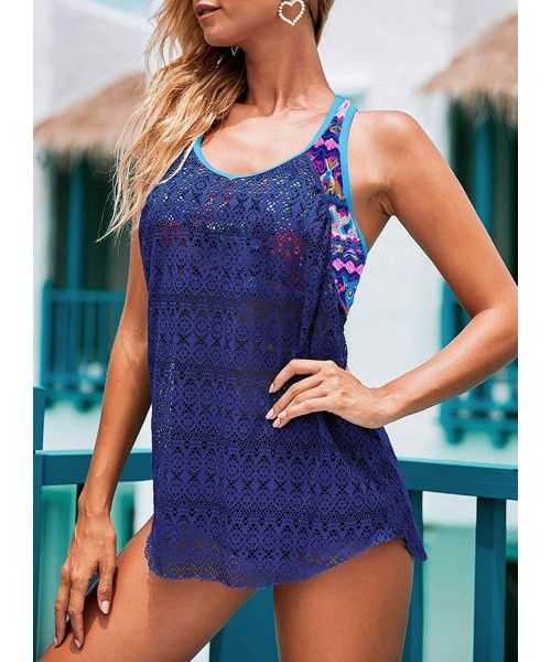 Tankinis Womens Striped Print Racerback Tankini Swim Top No Bottom (S-XXXL) - Z Lace Blue - CH195TYOW8O