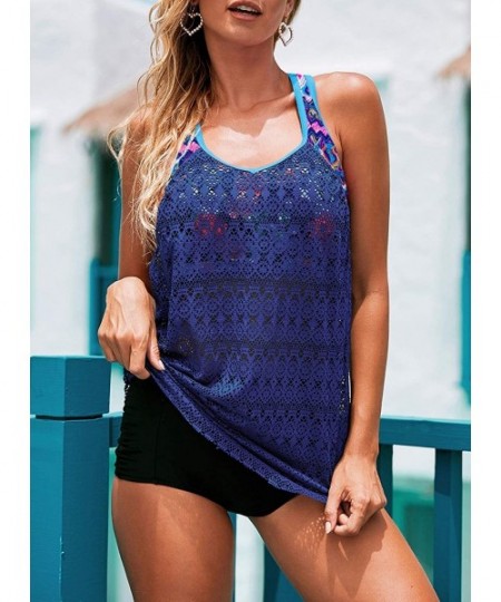 Tankinis Womens Striped Print Racerback Tankini Swim Top No Bottom (S-XXXL) - Z Lace Blue - CH195TYOW8O