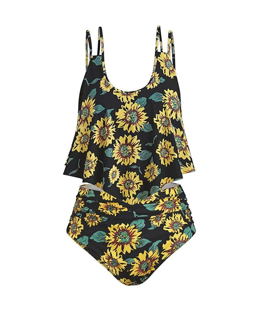 Tankinis Women's High Waisted Sunflower Print Ruffle Bikini Swimsuit Set Tankini Flounce Two Pieces Bathing Suits with Underw...