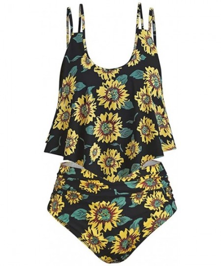 Tankinis Women's High Waisted Sunflower Print Ruffle Bikini Swimsuit Set Tankini Flounce Two Pieces Bathing Suits with Underw...