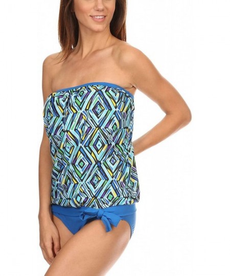 Tankinis Women's Bandeau Blouson Tie Tankini - Blue Crystal - CE12HHNH4FN