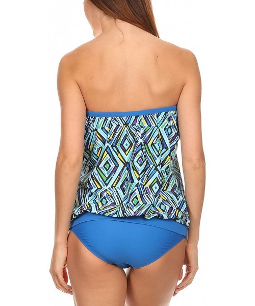 Tankinis Women's Bandeau Blouson Tie Tankini - Blue Crystal - CE12HHNH4FN