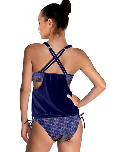 Tankinis Womens Sexy Two Piece Patchwork Flowers Colorful Pattern Swimsuit Tankini Set- XS-3XL - Dark Purple - C118UIZUGSQ