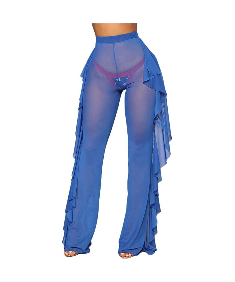 Cover-Ups Women See Throug Mesh Flare Cover up Pants Swimsuit Bikini Bottom Cover up Elastic Waist Wide Leg Palazzo Trousers ...