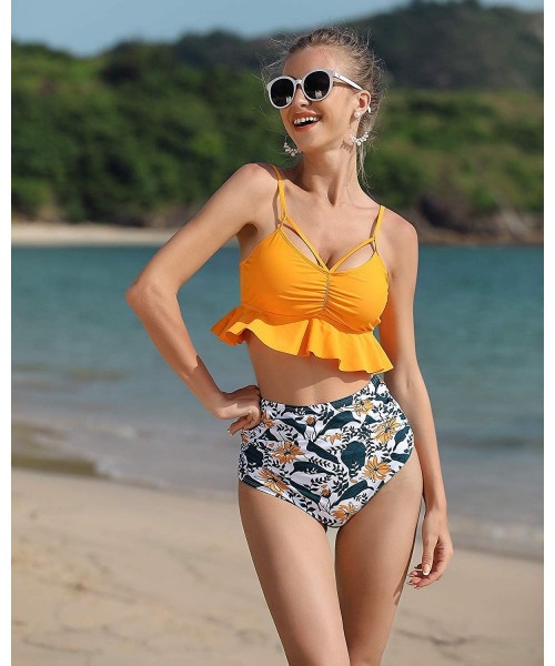 Sets High Waisted Swimsuits for Women Ruffled Bikini Floral Ruched Bathing Suits - Yellow - CA18XE358U5