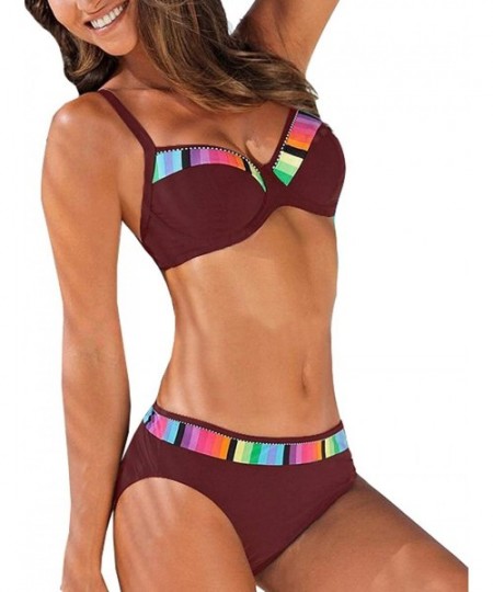 Sets Women Fashion Push up Two Piece Bikini Set Swimsuit Colorblock Bandeau Bathing Suit - A1-wine Red - CG18ZE4TKSZ