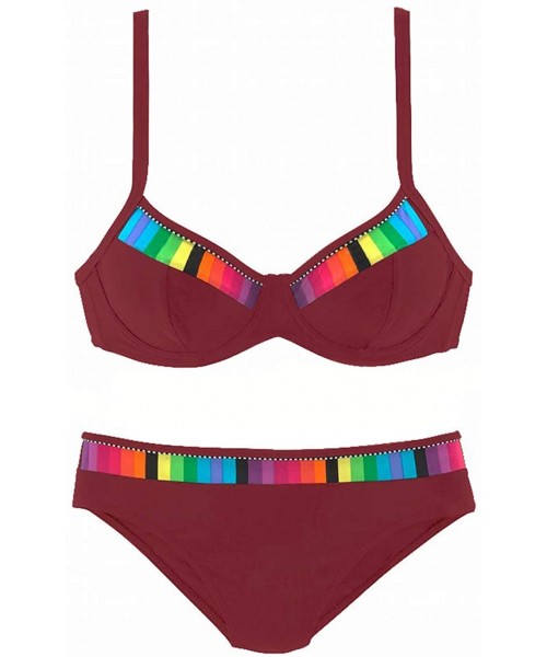 Sets Women Fashion Push up Two Piece Bikini Set Swimsuit Colorblock Bandeau Bathing Suit - A1-wine Red - CG18ZE4TKSZ