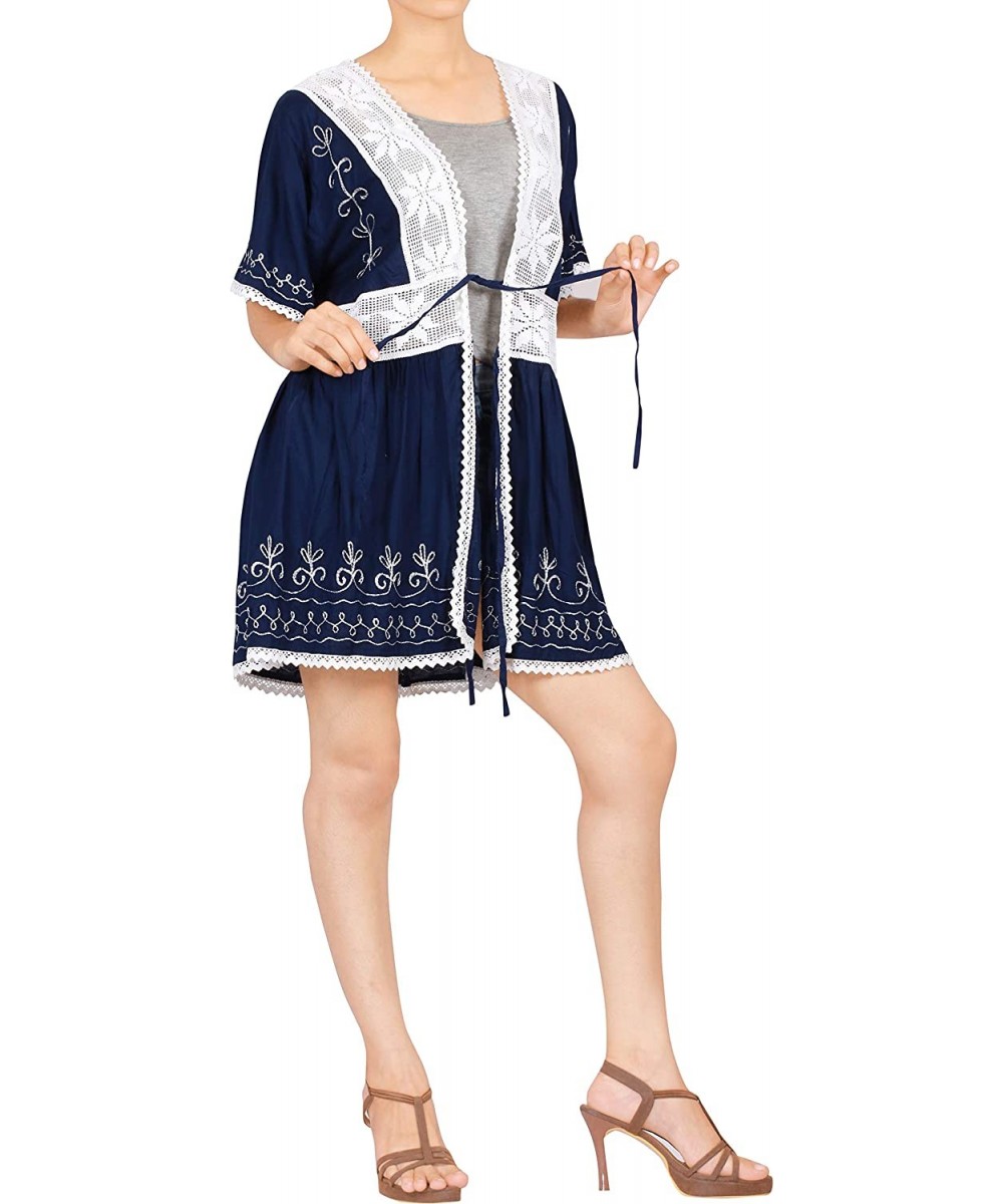 Cover-Ups Women's Mini Print Kimono Cardigan Open Front Beach Swimsuit Cover Up - Summer Blue_t705 - C2182A3MT3L