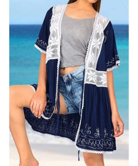 Cover-Ups Women's Mini Print Kimono Cardigan Open Front Beach Swimsuit Cover Up - Summer Blue_t705 - C2182A3MT3L