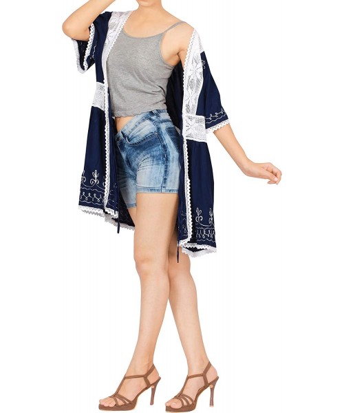 Cover-Ups Women's Mini Print Kimono Cardigan Open Front Beach Swimsuit Cover Up - Summer Blue_t705 - C2182A3MT3L