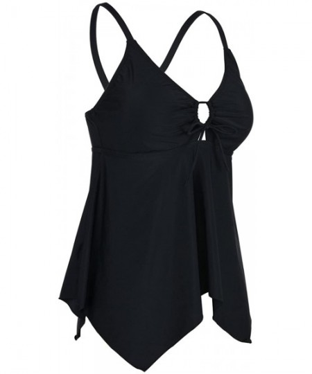 One-Pieces Women's Front Tie Swim Top Cross Back Tankini Top Flowy Swimdress Tummy Control - Black - CH182GKXT24