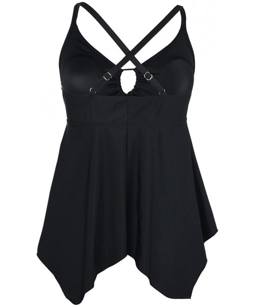 One-Pieces Women's Front Tie Swim Top Cross Back Tankini Top Flowy Swimdress Tummy Control - Black - CH182GKXT24