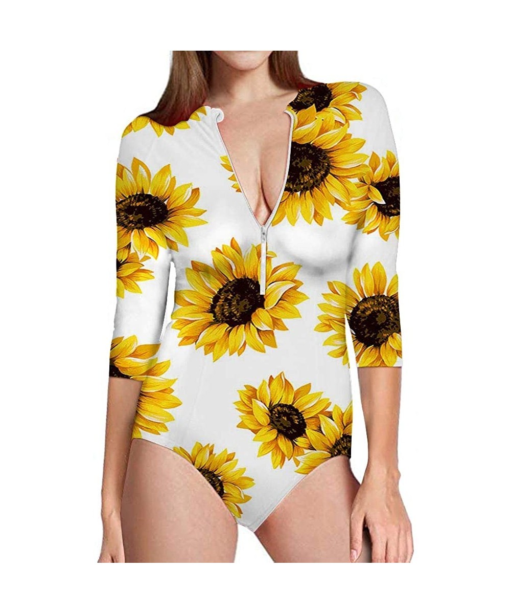 One-Pieces Womenn's One Piece Zip Front Surfing Swimsuits Leopard Sun Protection High Neckline Beachwear Wetsuits Sunflower 5...