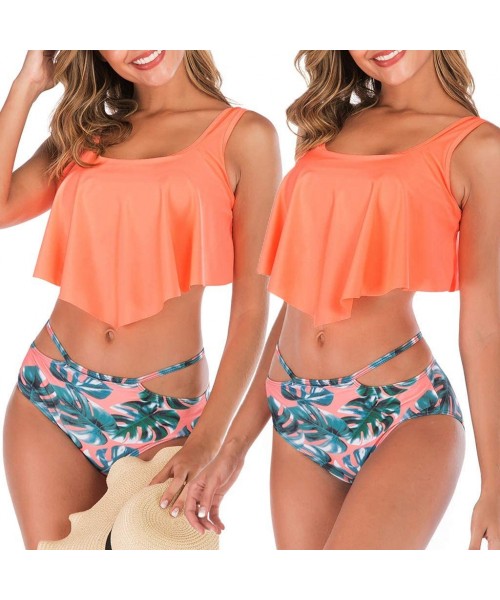 Sets Swimsuit for Women Two Pieces Top Ruffled Backless Racerback with High Waisted Bottom Tankini Set - Orange - C3194WYU6IL