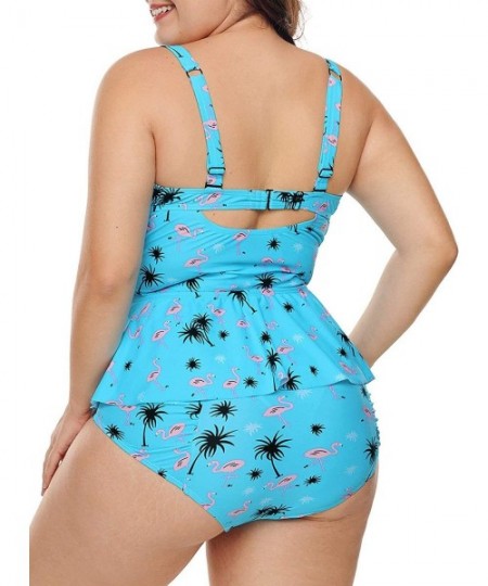 Tankinis Womens Plus Size Floral Print Tankini Swimsuit Two Piece Bathing Suits M-3XL - Blue-736 - C118NLX45MW