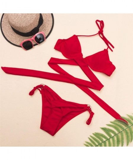 Sets Women Fashion Womens Sexy Solid Bikini Push Up Pad Split Swimsuit Beachwear Set Bathing Suit Monokini Swimwear Red - CQ1...