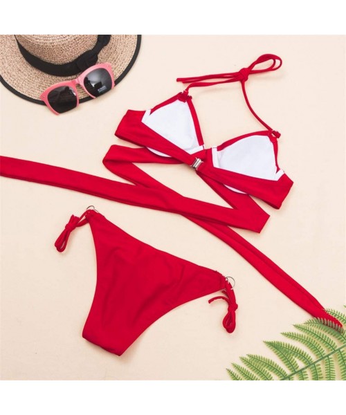 Sets Women Fashion Womens Sexy Solid Bikini Push Up Pad Split Swimsuit Beachwear Set Bathing Suit Monokini Swimwear Red - CQ1...