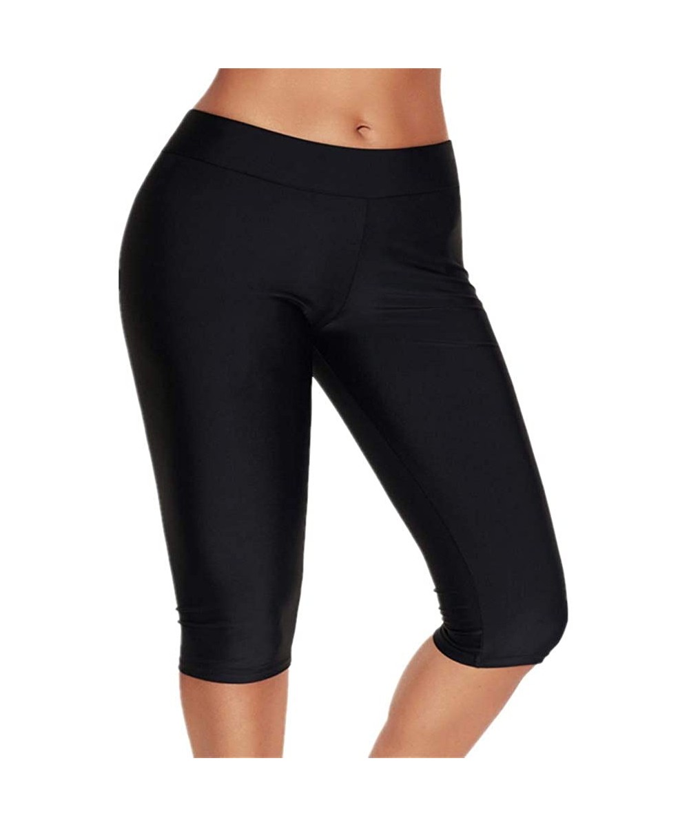 Tankinis Womens Mid Waist Rash Guard Pants Crop Swim Leggings Unitard Tankini Capri - Black - CX189S5ACZ2