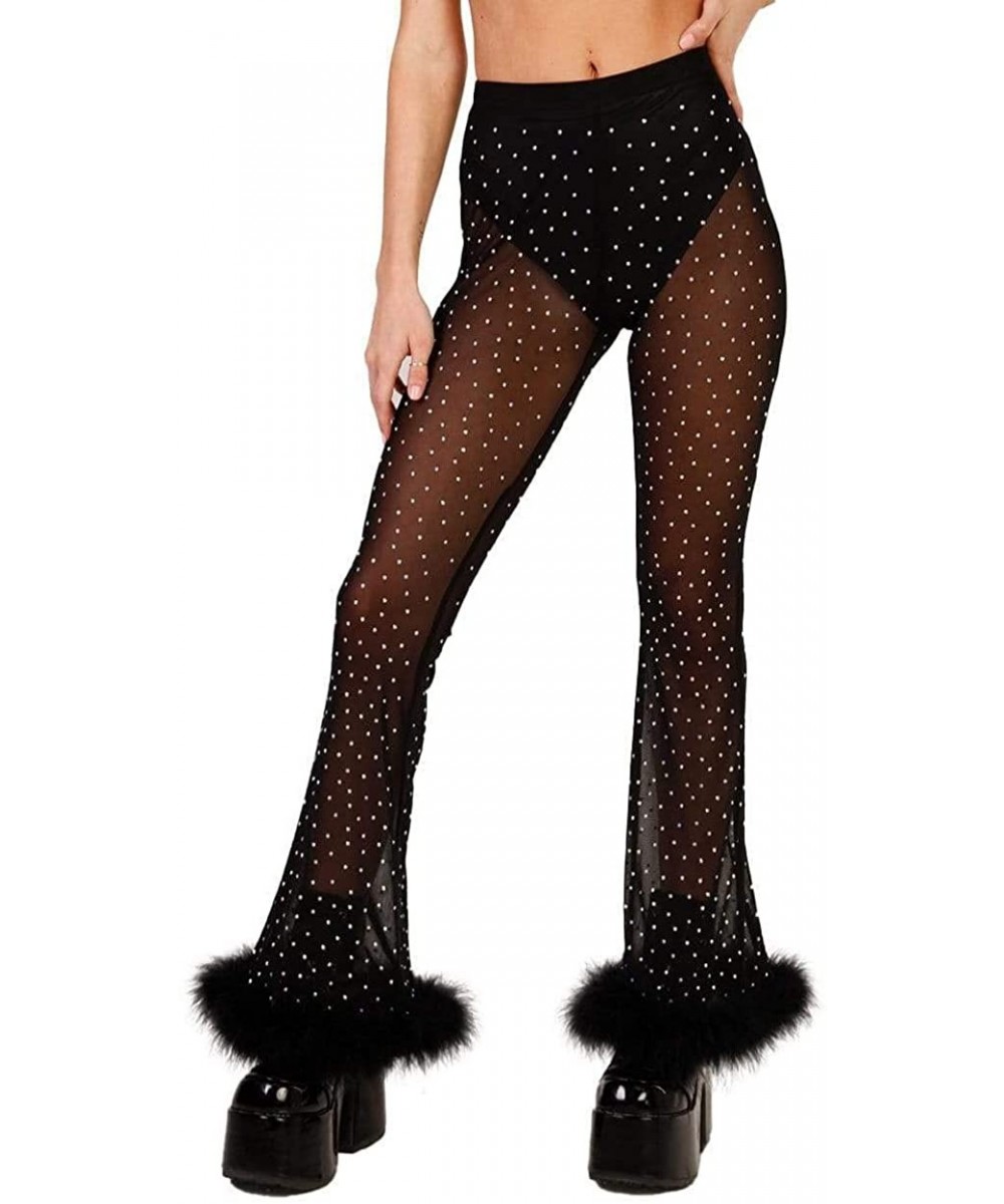 Tankinis Women's High Waisted Bell Bottom Flared Pants for Costumes - Dazzling Rhinestone Mesh - CG18Y5YIDDI