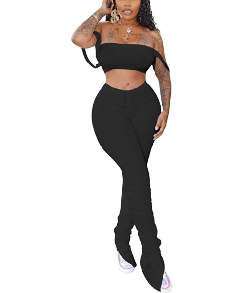 Sets Women Beading Pearl See Through Sheer Mesh 2 Pieces Outfits Jumpsuits Crop Top and Hollow Out Ruffle Long Pants Bblack -...