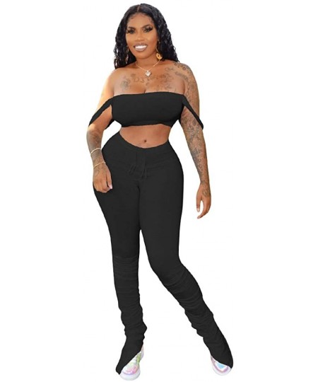 Sets Women Beading Pearl See Through Sheer Mesh 2 Pieces Outfits Jumpsuits Crop Top and Hollow Out Ruffle Long Pants Bblack -...