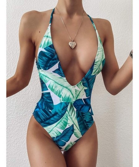 One-Pieces Women's Swimsuits Tummy Control One-Piece Suits Tankini Leaf Printing Bathing Set for Beach - Green - CJ190E9UQC7